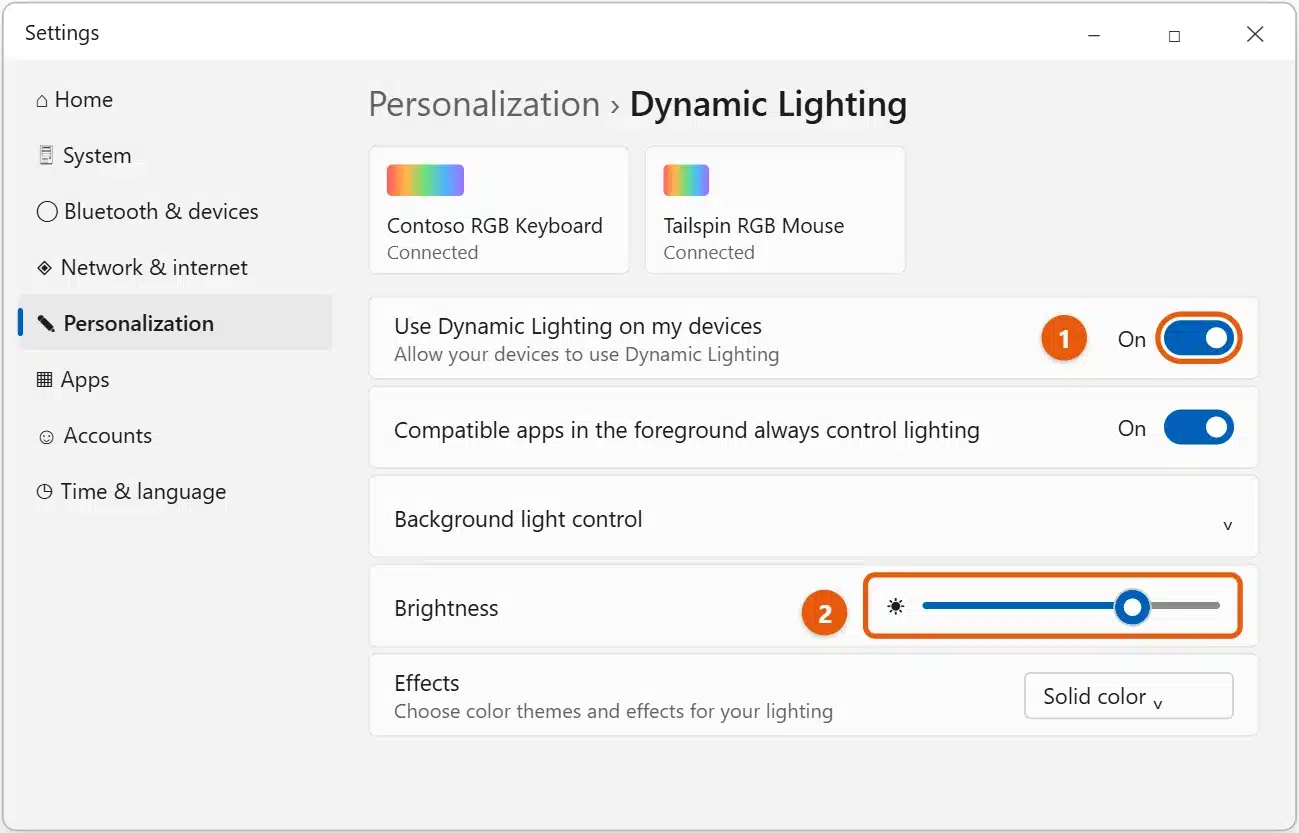 How to Turn On the Keyboard Light in Windows 11 2 Windows 11 Settings, Personalization, Dynamic Lighting page with Use Dynamic Lighting on my devices turned on and the Brightness slider highlighted