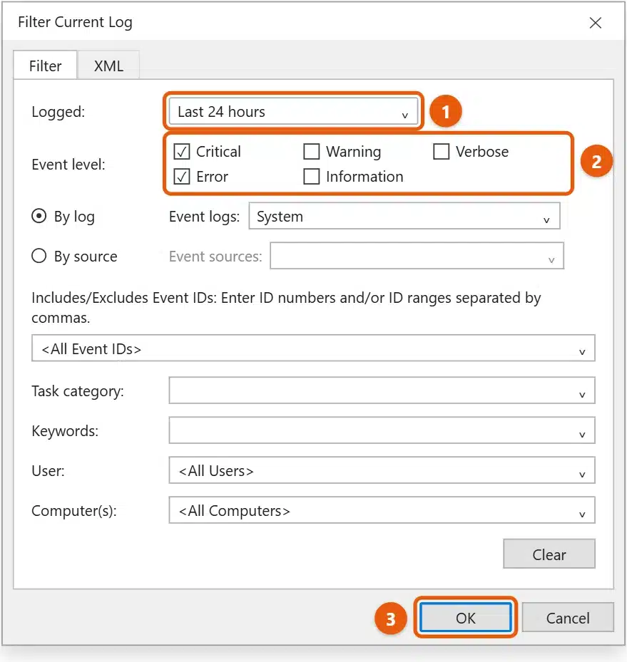 How to Check Event Logs in Windows 11 3 Event Viewer Filter Current Log dialog with Critical and Error selected under Event level and Last 24 hours selected for Logged