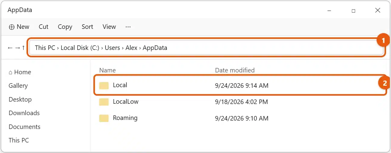 How to Find the AppData Folder in Windows 11 1 Windows 11 File Explorer showing the AppData folder path and the Local, LocalLow, and Roaming folders
