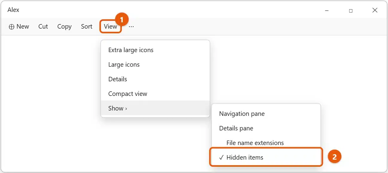 How to Find the AppData Folder in Windows 11 2 Windows 11 File Explorer View menu open with Show and Hidden items checked