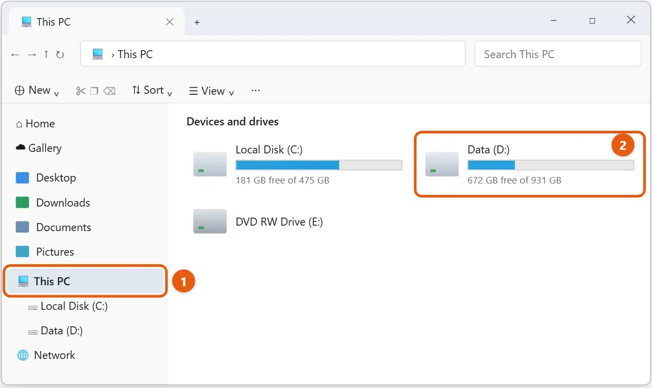 How to Find the D Drive in Windows 11 1 Windows 11 File Explorer showing This PC with the Data (D:) drive highlighted under Devices and drives