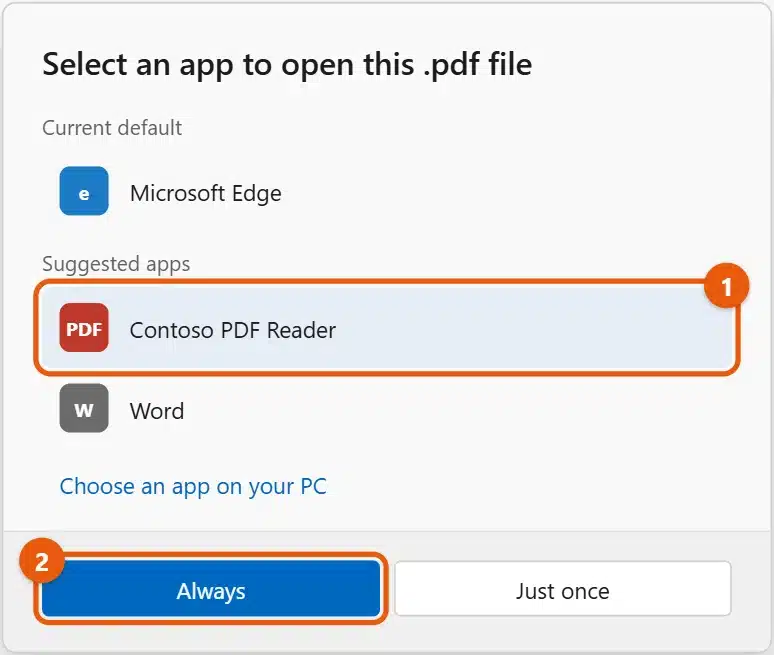 How to Change the Default PDF Viewer in Windows 11 1 Windows 11 dialog to select an app to open this .pdf file with Contoso PDF Reader selected and the Always button highlighted