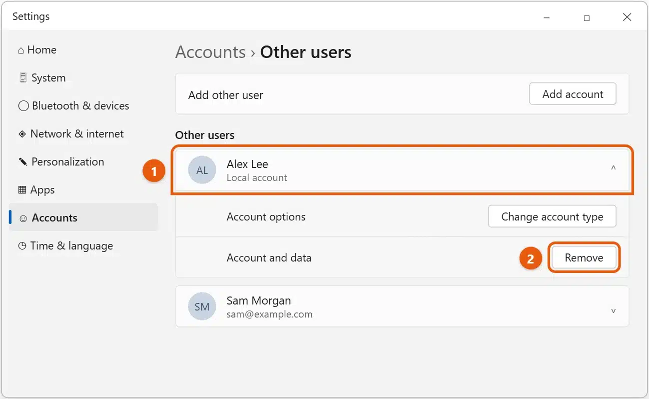 How to Remove an Account from Windows 11 1 Windows 11 Settings Accounts Other users page with a local account expanded and the Remove button highlighted