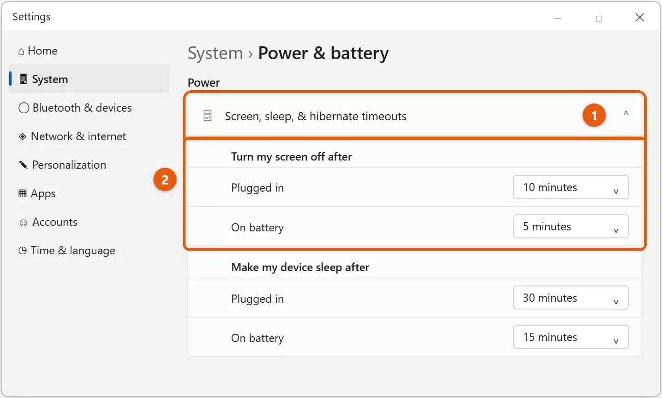How to Change the Screen Timeout in Windows 11 1 Windows 11 Settings, System, Power & battery page with the Turn my screen off after settings highlighted