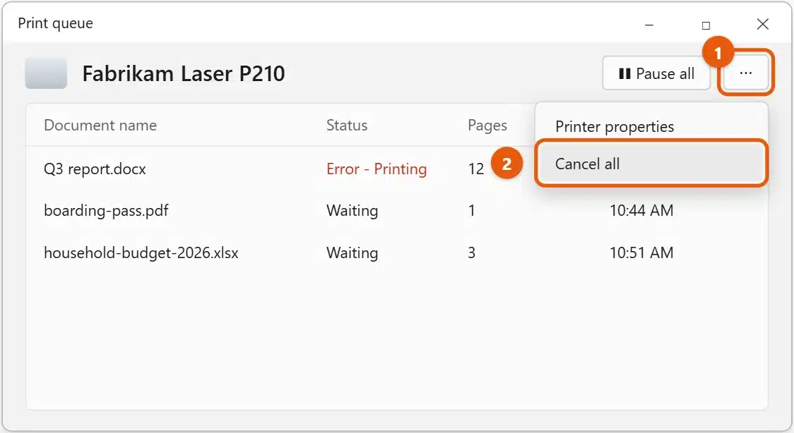 How to Clear the Printer Queue in Windows 11 1 Windows 11 print queue window with the More menu open and Cancel all highlighted