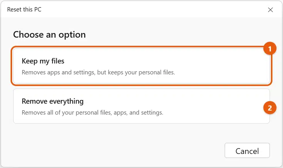 How to Reset Windows 11 2 Windows 11 Reset this PC dialog showing the Keep my files and Remove everything options