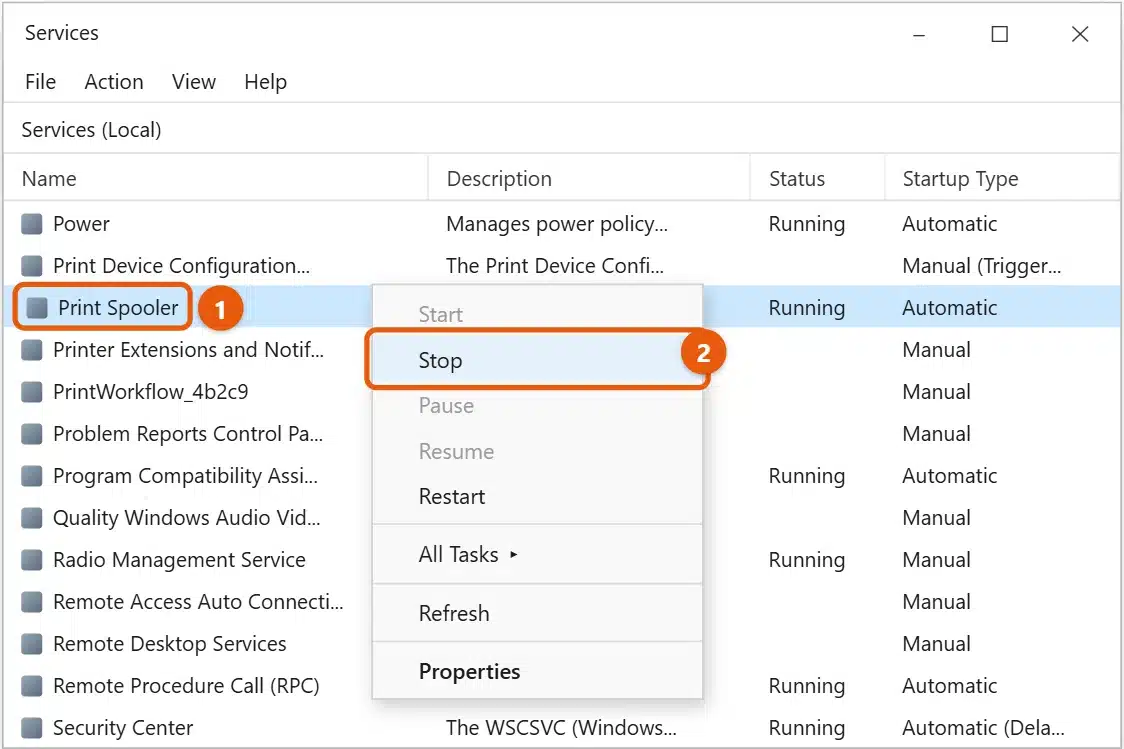 How to Clear the Printer Queue in Windows 11 2 Windows Services window with Print Spooler selected and Stop highlighted in the right-click menu