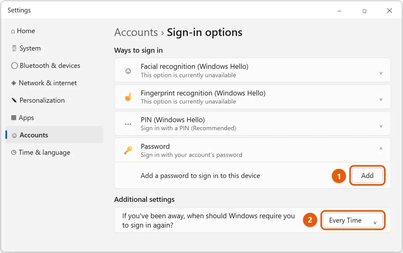How to Put a Password on the Lock Screen in Windows 11 1 Windows 11 Settings, Accounts, Sign-in options page with the Password Add button and the sign-in again setting highlighted