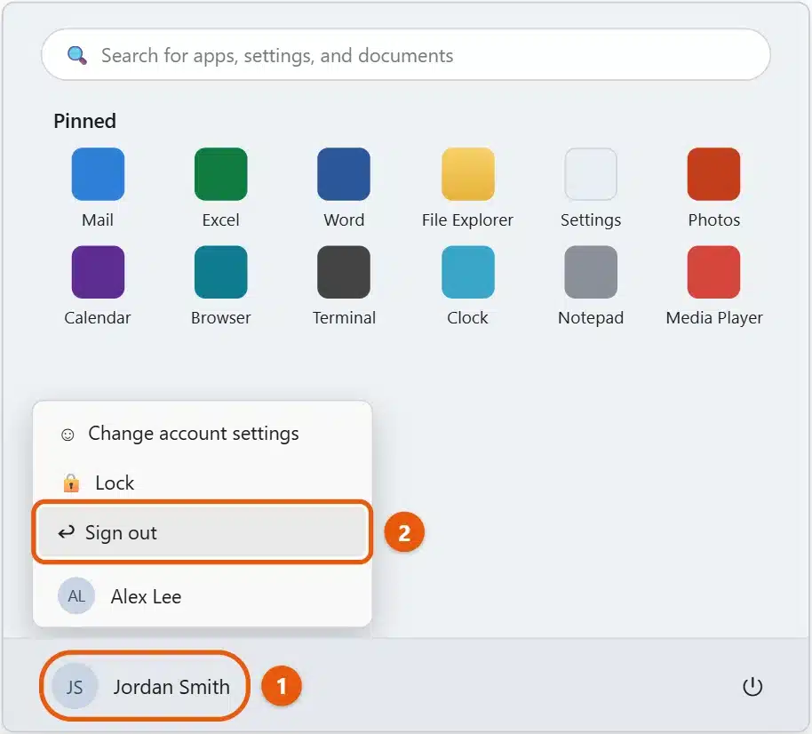How to Sign Out of a Microsoft Account in Windows 11 1 Windows 11 Start menu with the account menu open and Sign out highlighted