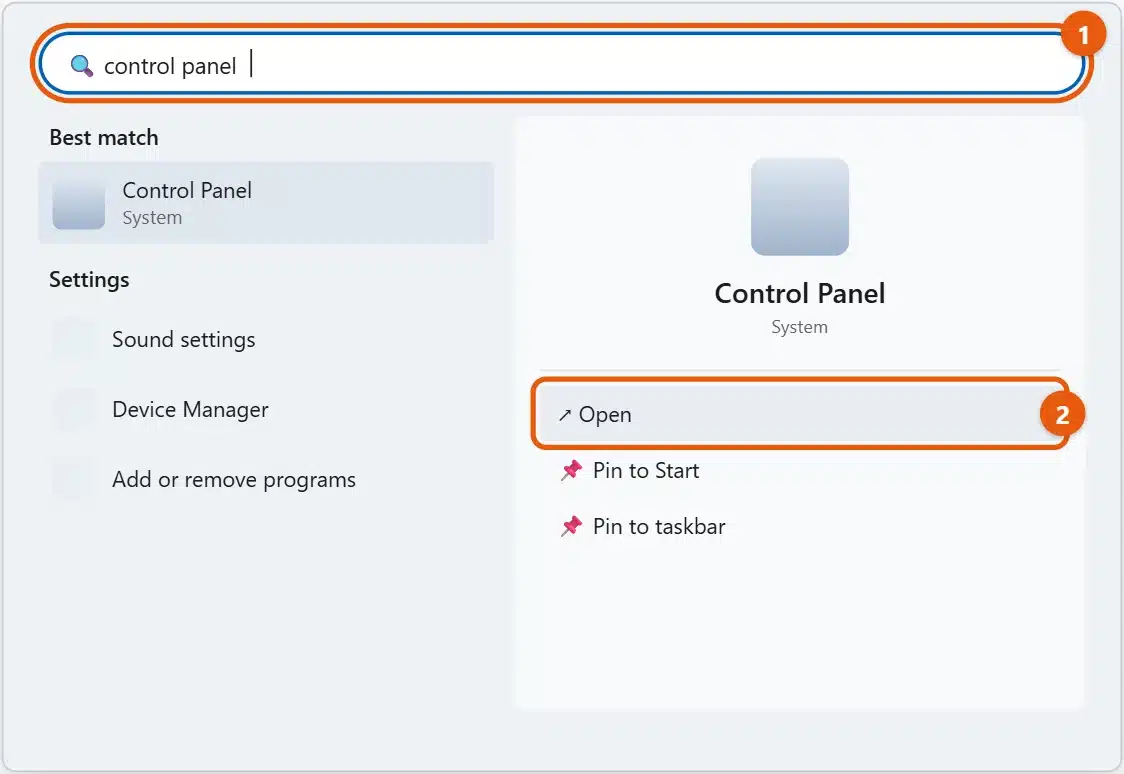 How to Open Control Panel in Windows 11 1 Windows 11 search showing Control Panel as the best match with Open highlighted