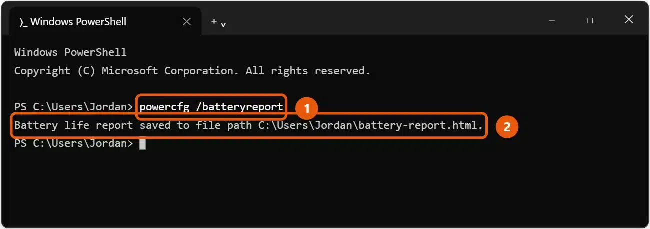 How to Check Battery Health in Windows 11 1 Windows 11 Terminal after running powercfg /batteryreport, showing where the battery report was saved
