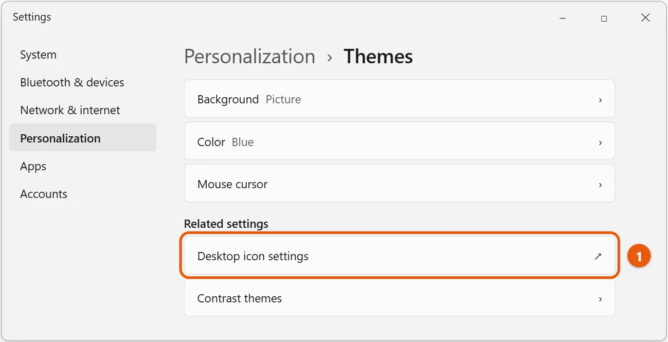 How to Hide the Recycle Bin from the Desktop in Windows 11 1 Windows 11 Settings Personalization Themes page with Desktop icon settings highlighted under Related settings
