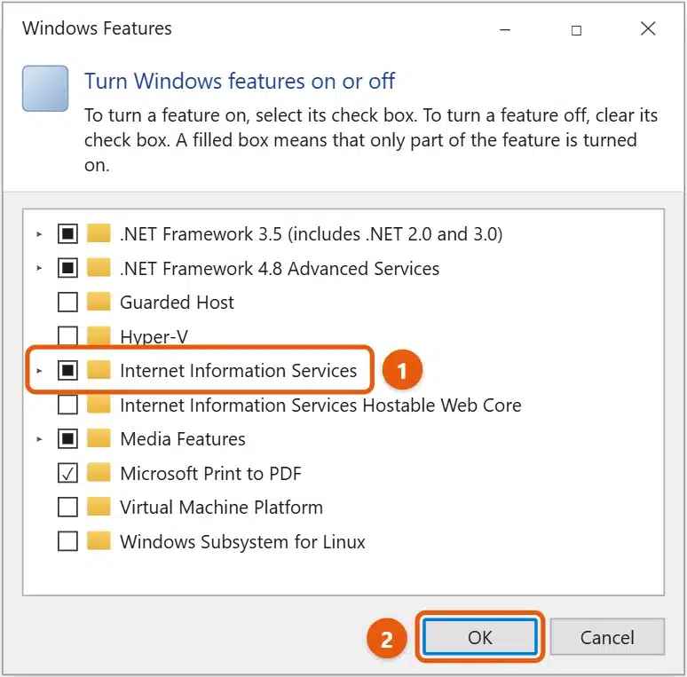 How to Enable IIS on Windows 11 1 Windows Features dialog with Internet Information Services selected and the OK button highlighted