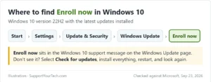 Path to Enroll now in Windows 10: Start, Settings, Update & Security, Windows Update, Enroll now