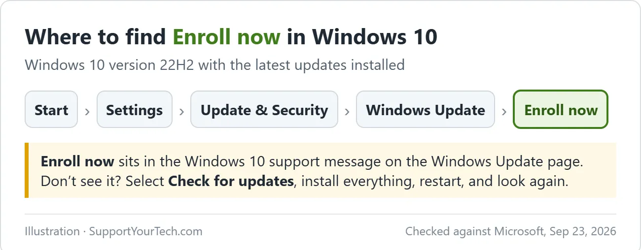 How to Enroll in Windows 10 Extended Security Updates (ESU) 3 Path to Enroll now in Windows 10: Start, Settings, Update & Security, Windows Update, Enroll now
