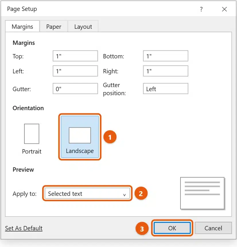 How to Make Only One Page Landscape in Word 1 Word Page Setup dialog with Landscape orientation selected and Apply to set to Selected text