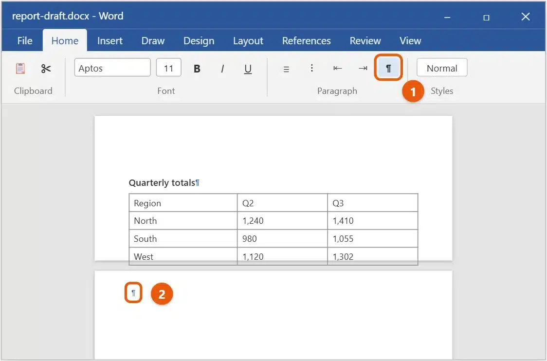 How to Delete a Blank Page in Word That Won't Go Away 1 Word with the Show formatting marks button highlighted on the Home tab and a single paragraph mark on a blank page after a table