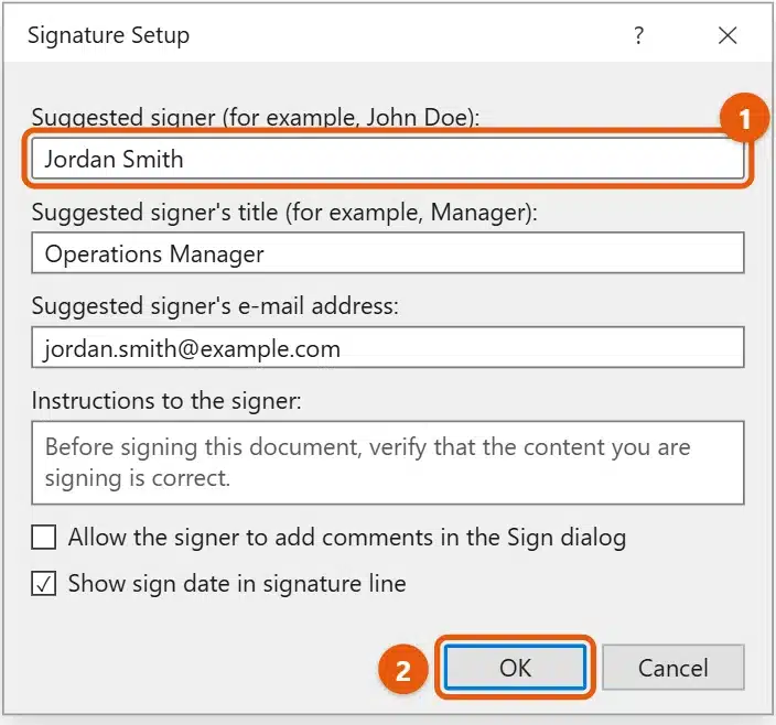 How to Electronically Sign a Word Document 1 Word Signature Setup dialog with Jordan Smith entered as the suggested signer and the OK button highlighted
