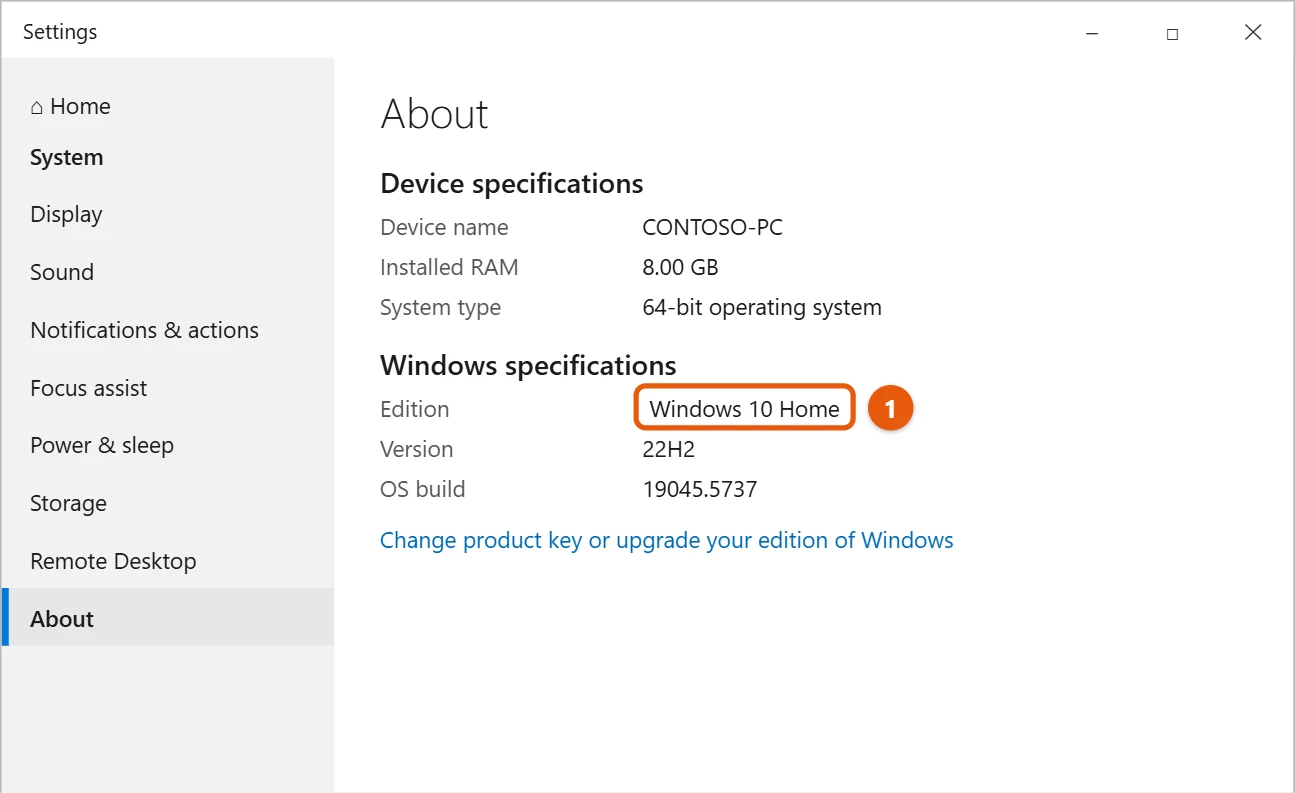 Can You Use Remote Desktop on Windows 10 Home? 1 Windows 10 About settings with the Edition line showing Windows 10 Home highlighted