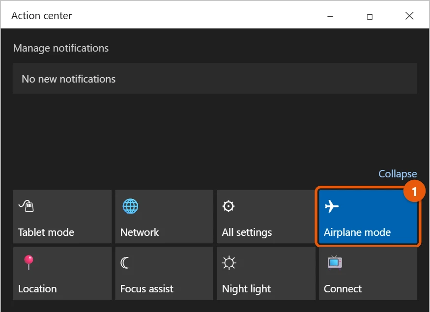 How to Turn Off Airplane Mode in Windows 10 1 Windows 10 action center with the Airplane mode tile turned on and highlighted