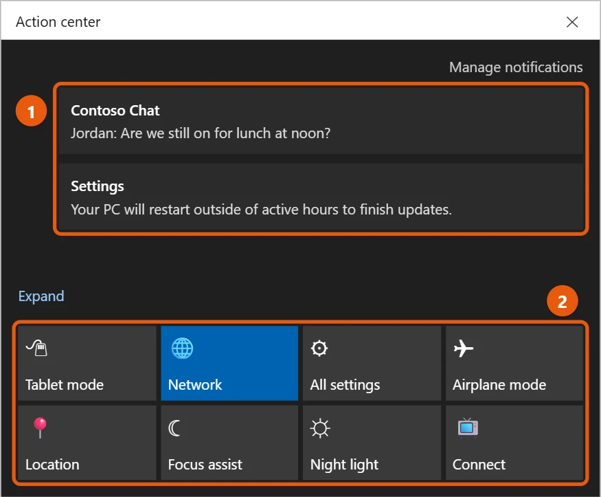 How to Open Action Center in Windows 10 2 Windows 10 Action Center with two notifications at the top and quick action tiles at the bottom