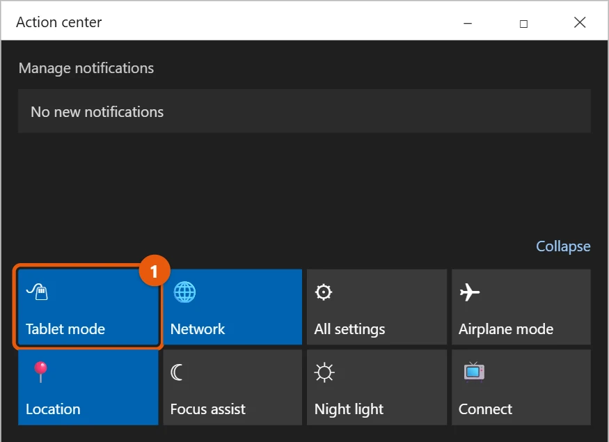 How to Turn Off Tablet Mode in Windows 10 1 Windows 10 action center with the Tablet mode quick action tile highlighted