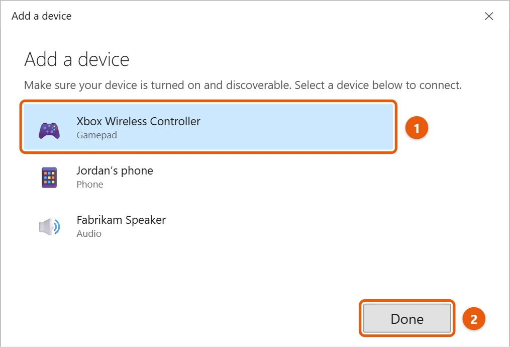 How to Connect an Xbox Controller to Windows 10 2 Add a device window listing Xbox Wireless Controller