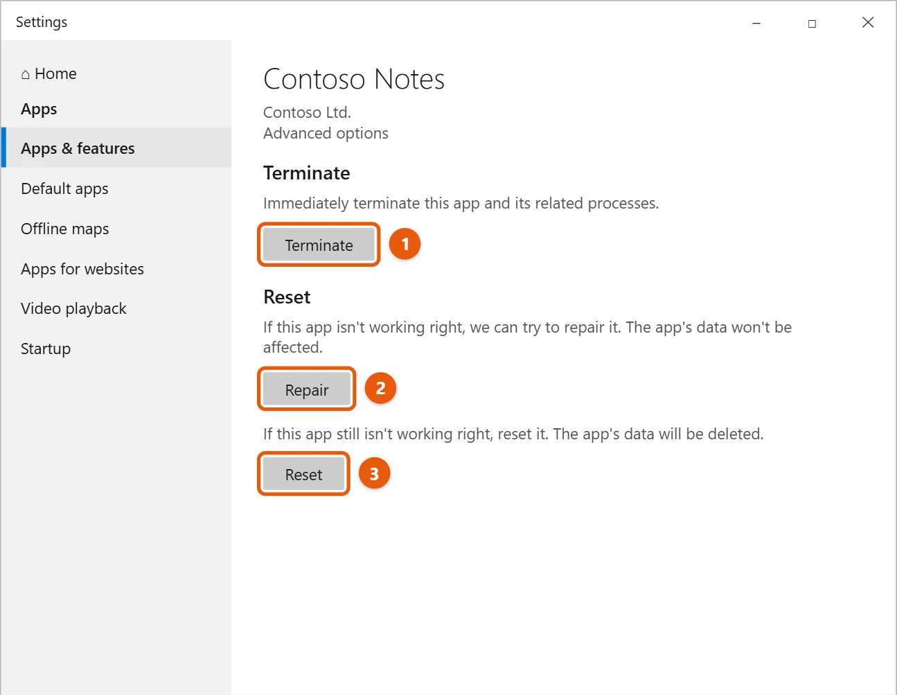 How to Clear App Data and Cache in Windows 10 1 Windows 10 Settings Advanced options for a Contoso app with Terminate, Repair and Reset