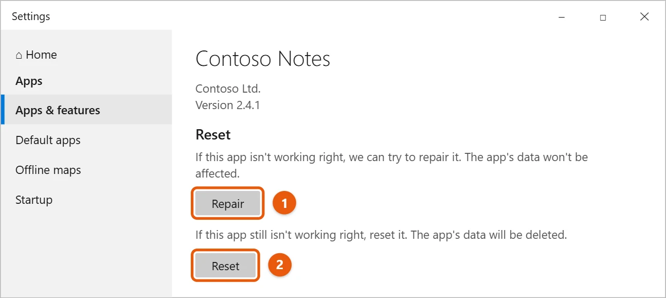 How to Fix Apps Not Opening in Windows 10 2 Windows 10 app Advanced options page with Repair and Reset buttons highlighted