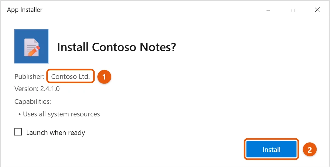 How to Install an MSIX App on Windows 10 2 App Installer asking to install Contoso Notes with the publisher and Install button highlighted
