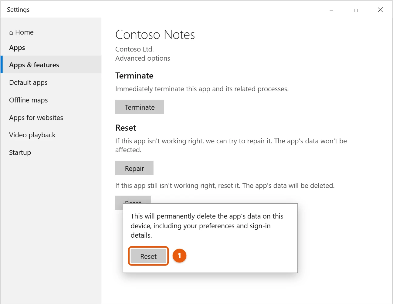 How to Clear App Data and Cache in Windows 10 2 Windows 10 Settings Reset confirmation for a Contoso app warning that app data will be deleted