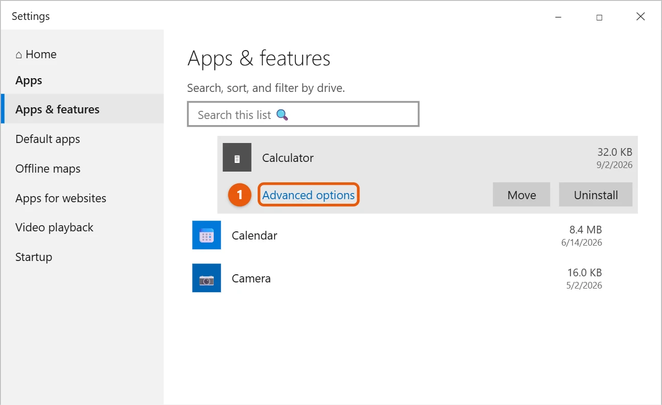 How to Reinstall or Repair Calculator in Windows 10 1 Windows 10 Apps and features list with Calculator selected and the Advanced options link highlighted