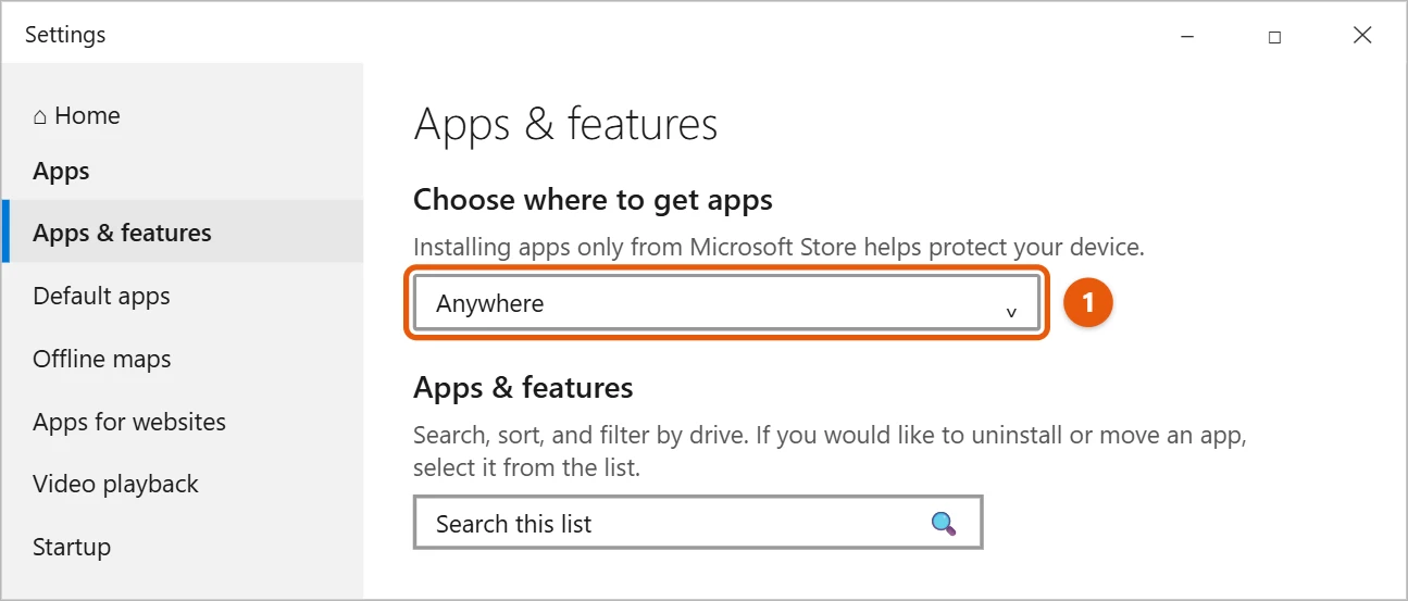 How to Install Apps and Software in Windows 10 2 Windows 10 Apps and features settings with Choose where to get apps set to Anywhere