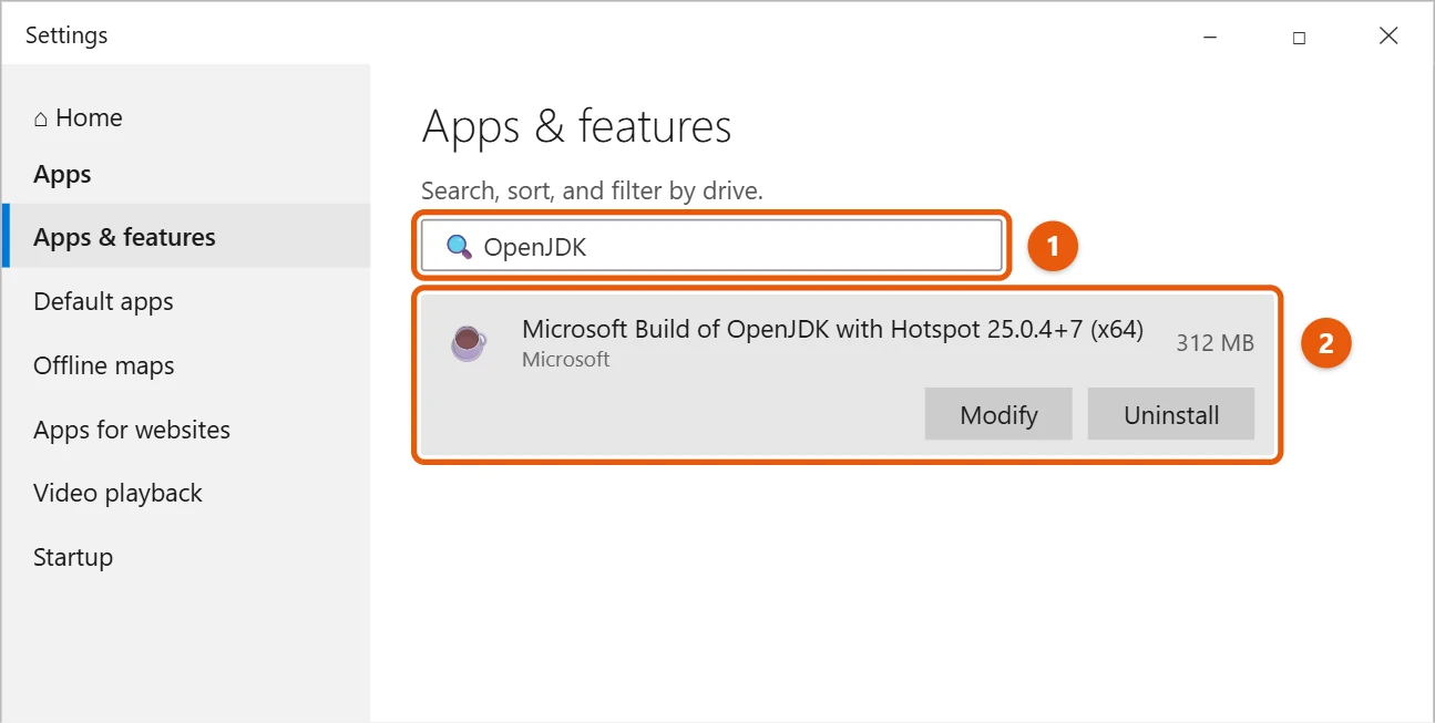 How to Get Java for Windows 10 2 Apps and features search showing the Microsoft Build of OpenJDK installed