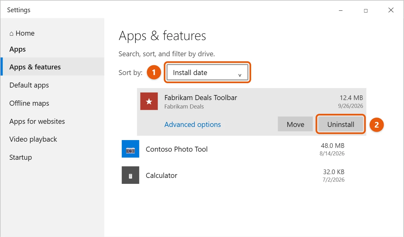 How to Remove Adware from Windows 10 1 Windows 10 Apps and features sorted by install date with an unknown toolbar app selected and Uninstall highlighted