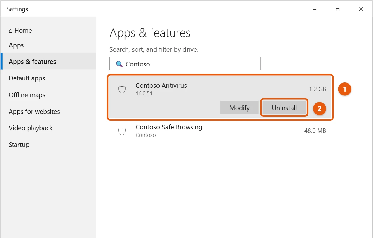 How to Uninstall McAfee on Windows 10 1 Apps and features with an antivirus app selected and the Uninstall button highlighted