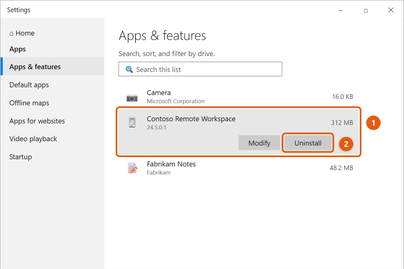 How to Uninstall Citrix Workspace on Windows 10 1 Apps and features with an app selected and the Uninstall button highlighted