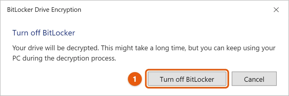 How to Turn Off BitLocker in Windows 10 2 Turn off BitLocker confirmation in Windows 10 with the Turn off BitLocker button highlighted