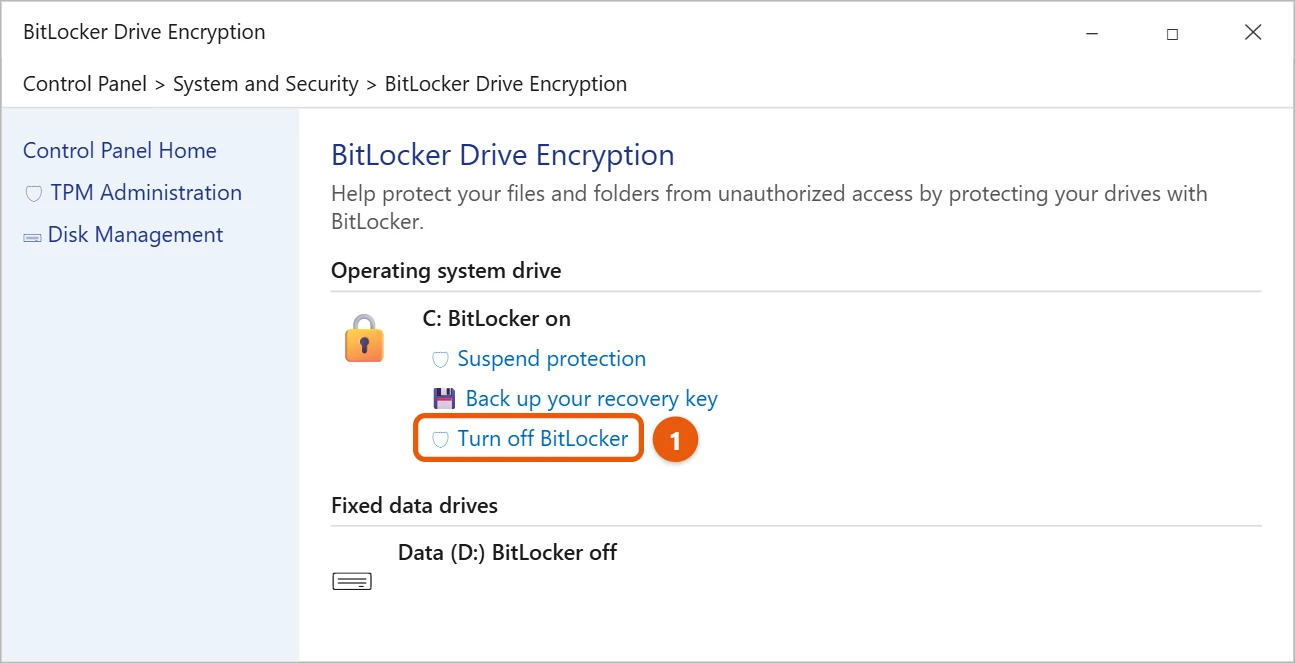 How to Turn Off BitLocker in Windows 10 1 Windows 10 BitLocker Drive Encryption in Control Panel with Turn off BitLocker highlighted for drive C