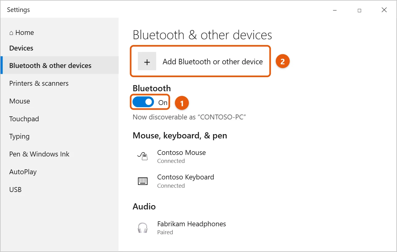 How to Connect an Xbox Controller to Windows 10 1 Windows 10 Bluetooth and other devices settings with Bluetooth on and Add Bluetooth or other device highlighted