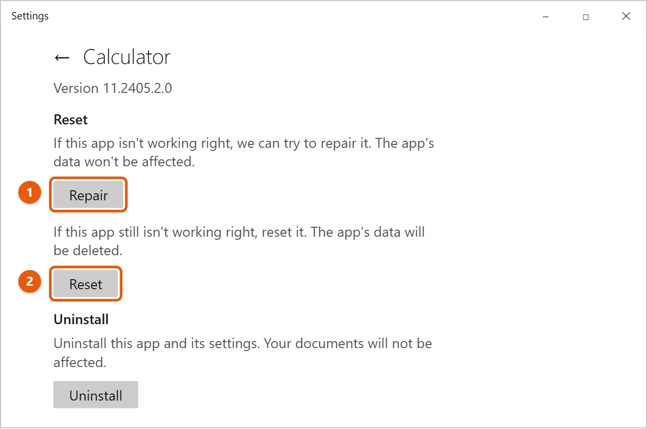 How to Reinstall or Repair Calculator in Windows 10 2 Windows 10 Calculator advanced options page with the Repair and Reset buttons highlighted
