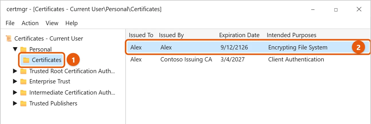 How to Open Certificate Manager in Windows 10 2 Windows 10 Certificate Manager showing Personal Certificates for the current user with a certificate selected