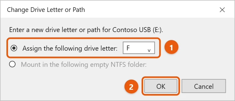 How to Change a Drive Letter in Windows 10 2 Windows 10 Change Drive Letter or Path box with a new letter chosen and OK highlighted