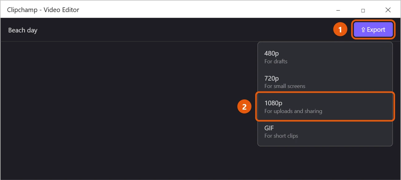 How to Rotate a Video in Windows 10 2 Clipchamp Export menu with 1080p highlighted