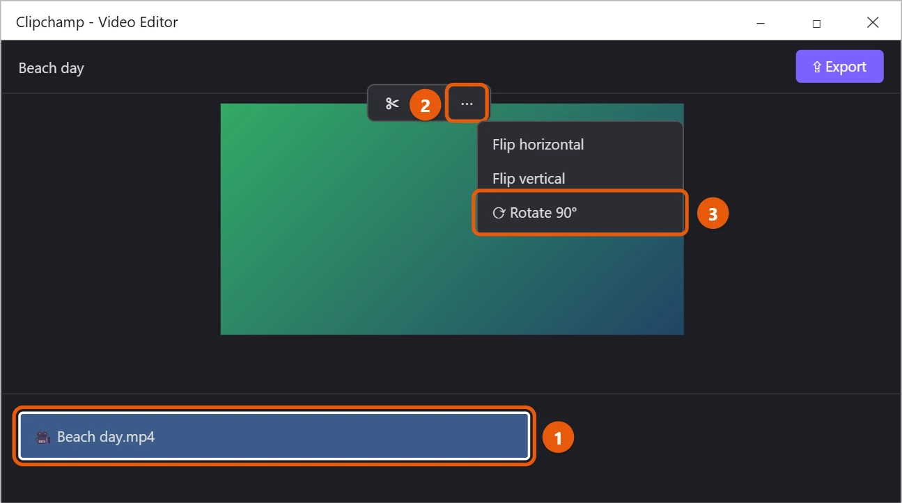 How to Rotate a Video in Windows 10 1 Clipchamp video editor with a clip selected on the timeline and Rotate 90 degrees highlighted in the toolbar menu