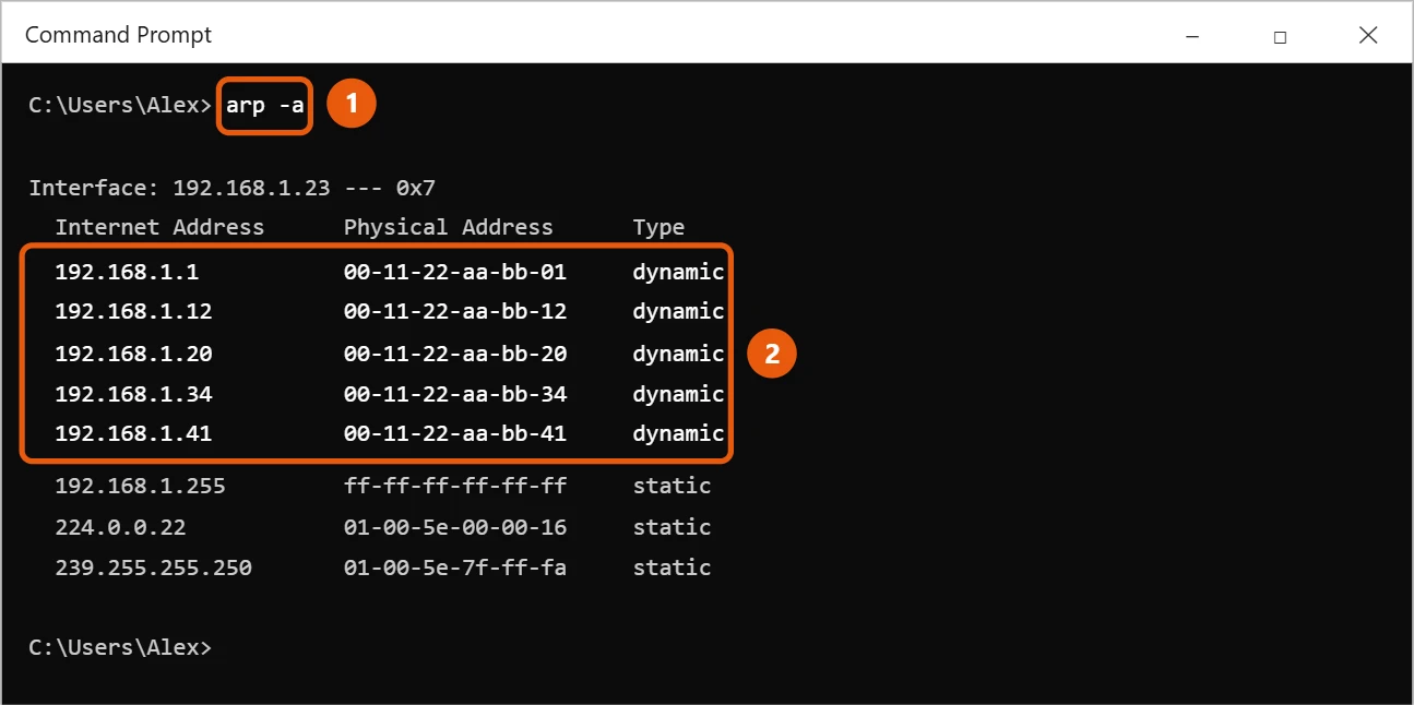 How to See All IP Addresses on Your Network in Windows 10 1 Windows 10 Command Prompt showing arp -a with a list of IP and physical addresses on the local network