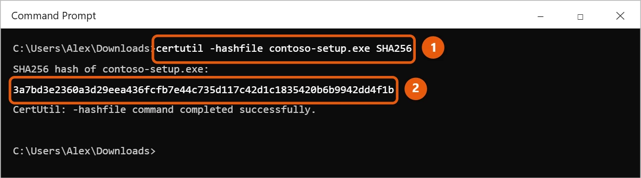 How to Check a SHA256 or SHA1 Checksum in Windows 10 2 Windows 10 Command Prompt showing certutil -hashfile output with the SHA256 hash highlighted