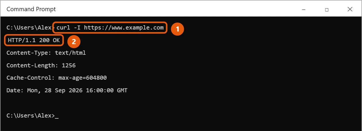 How to Use Curl on Windows 10 (It's Already Installed) 2 Command Prompt showing curl -I output with an HTTP 200 status line