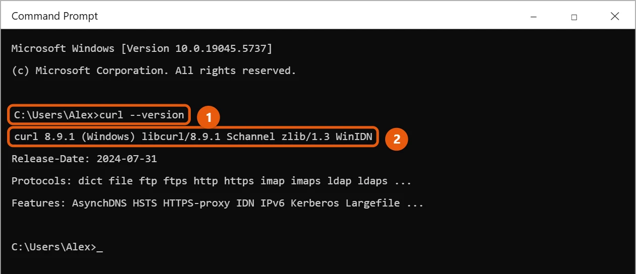 How to Use Curl on Windows 10 (It's Already Installed) 1 Command Prompt showing the result of curl --version