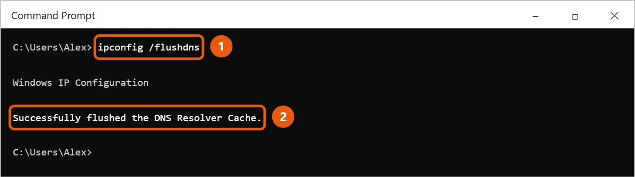 How to Block a Website in Windows 10 2 Windows 10 Command Prompt showing ipconfig /flushdns and a message that the DNS Resolver Cache was flushed